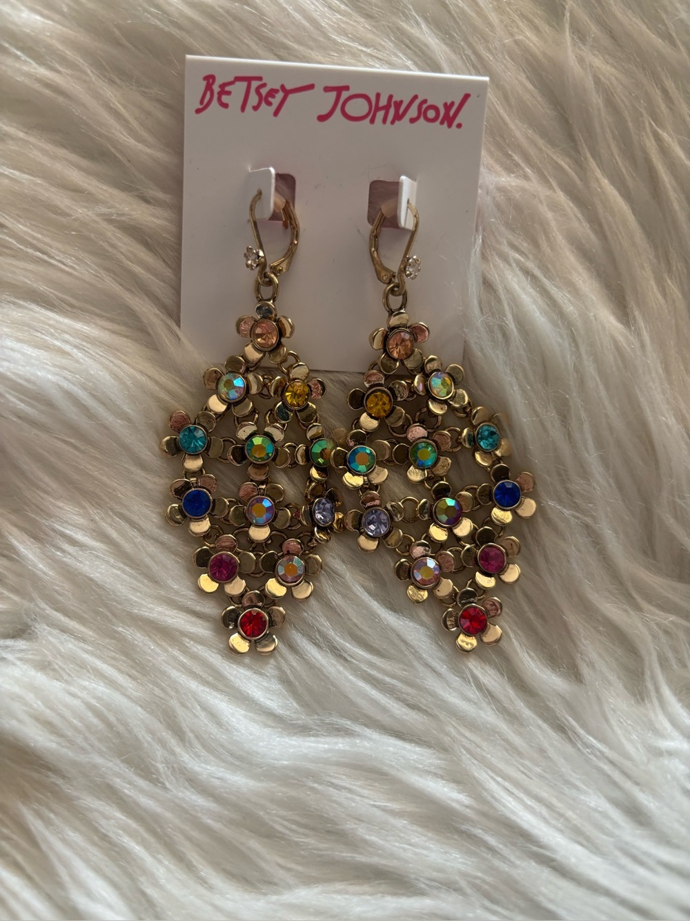 Betsey Johnson Gold Tone Multicolor Floral Chandelier Earrings